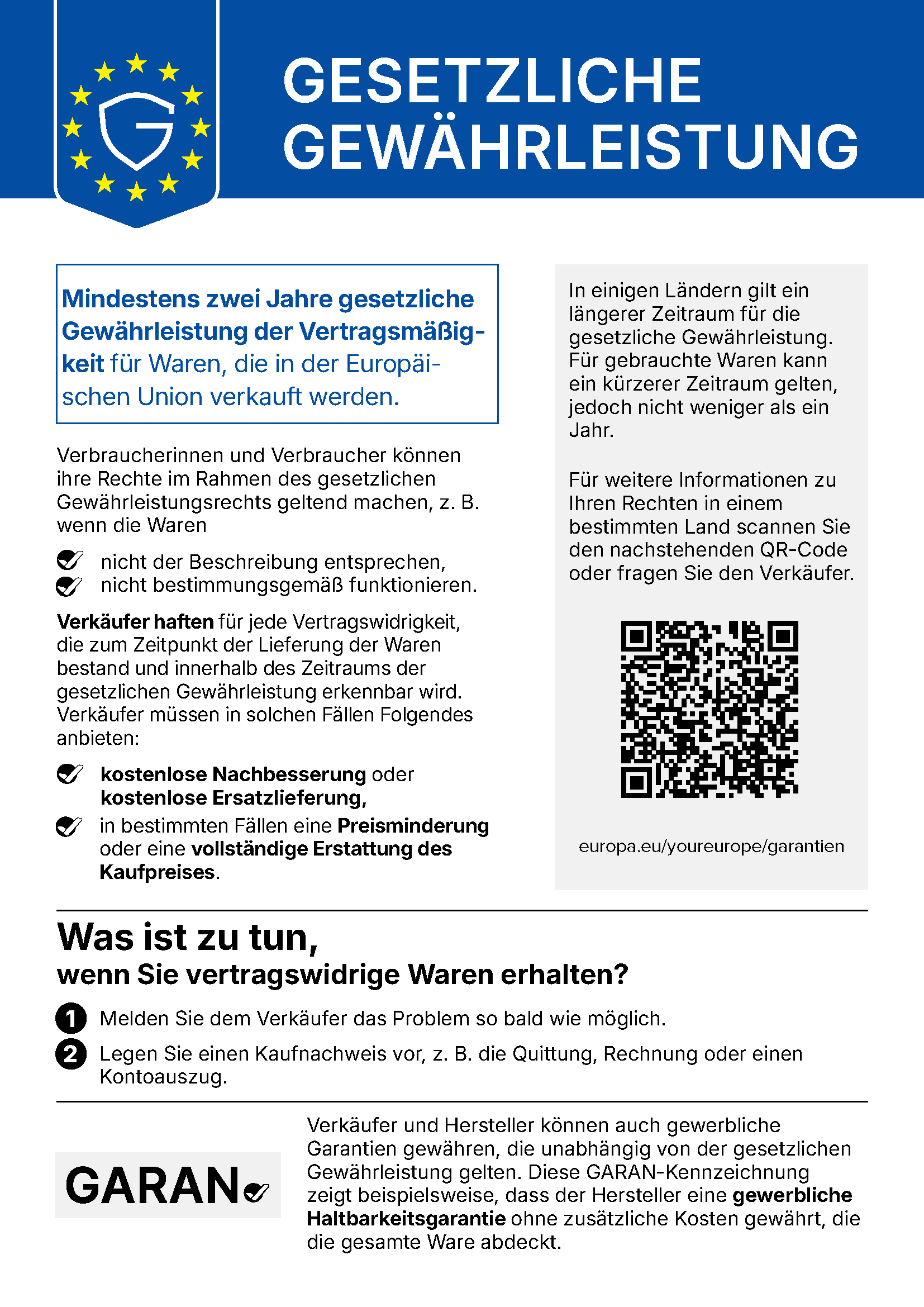 Offizielle EU-Mitteilung „Gesetzliche Gewährleistung“: Mindestens zwei Jahre gesetzliche Gewährleistung der Vertragsmäßigkeit für Waren, die in der Europäischen Union verkauft werden.