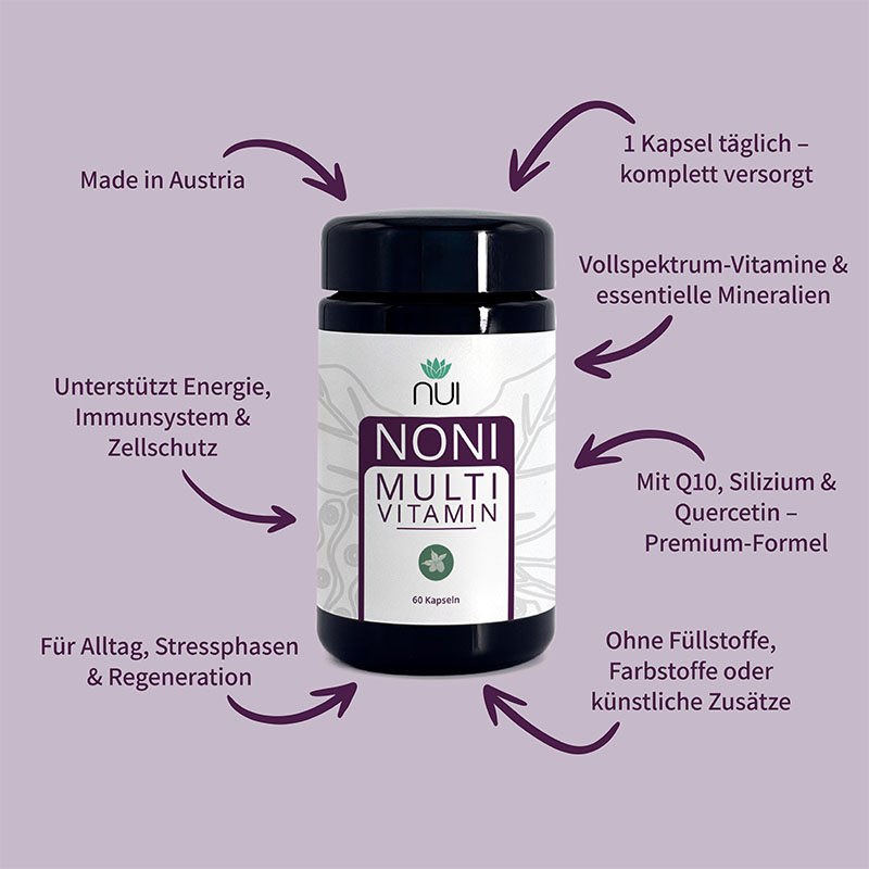 Infografik NUI NONI Multivitamin: Kapselglas mit Pfeilen und Kurzangaben auf violettem Grund