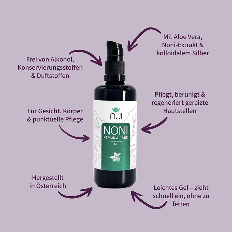 Infografik NUI NONI Repair & Care Gel: Flasche mit Pumpspender, Pfeilen und Kurzangaben