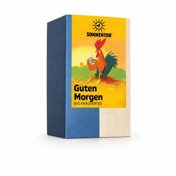 SONNENTOR Guten Morgen Kräutertee bio: Teeschachtel mit gelbem Etikett und Hahn-Motiv