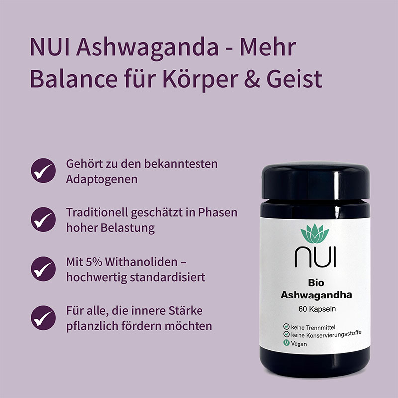Infotafel mit vier Haken-Stichpunkten, daneben Bio Ashwagandha Kapselglas