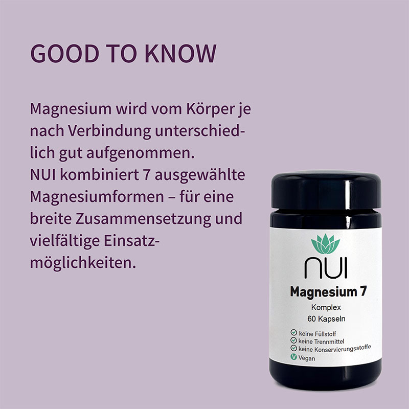 Infotafel „Good to know“ mit Kurztext, daneben Magnesium 7 Kapselglas