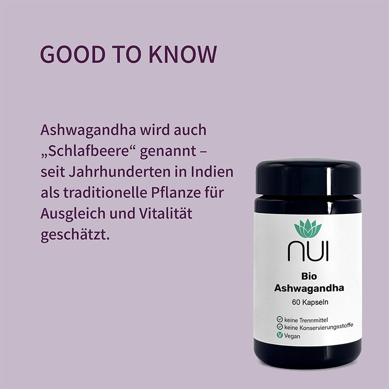 Infotafel „Good to know“ mit Kurztext, daneben Bio Ashwagandha Kapselglas