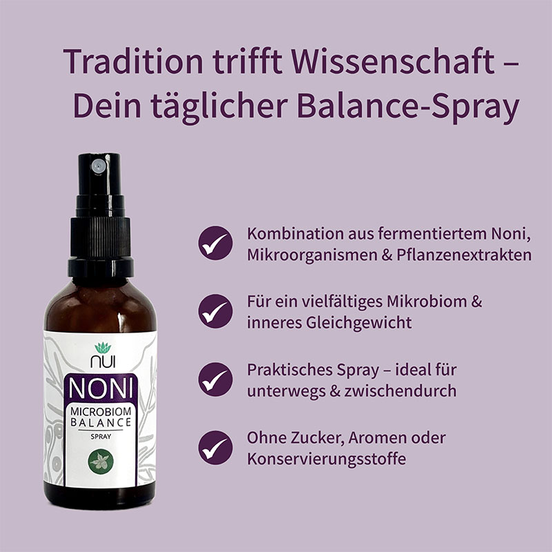 Infotafel mit vier Haken-Stichpunkten, daneben NUI NONI Microbiom Balance Spray
