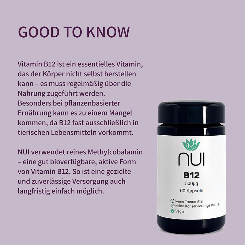Infotafel „Good to know“ mit Kurztext, daneben Vitamin B12 Kapselglas