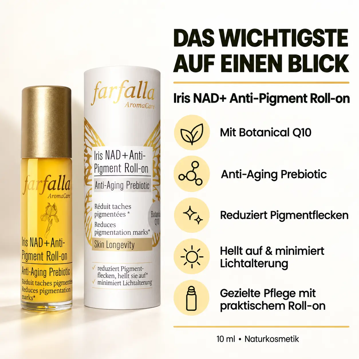 Iris NAD+ Anti-Pigment Roll-on – Anti-Aging Prebiotic – Das Wichtigste auf einen Blick