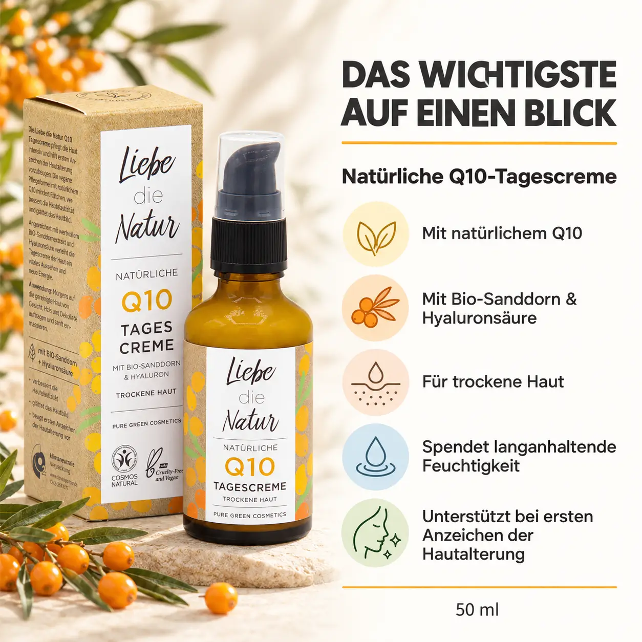 Infotafel zur Natürlichen Q10-Tagescreme mit Bio-Sanddorn und Hyaluronsäure