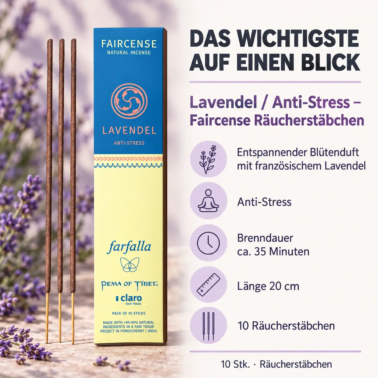 Lavendel / Anti-Stress – Faircense Räucherstäbchen – Das Wichtigste auf einen Blick