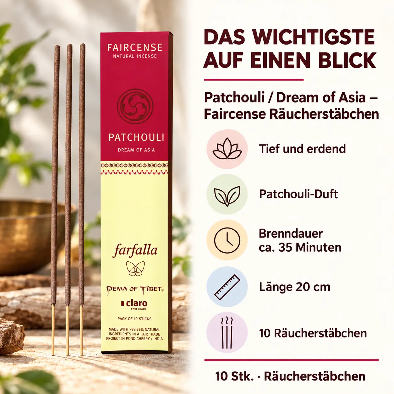 Patchouli / Dream of Asia – Faircense Räucherstäbchen – Das Wichtigste auf einen Blick