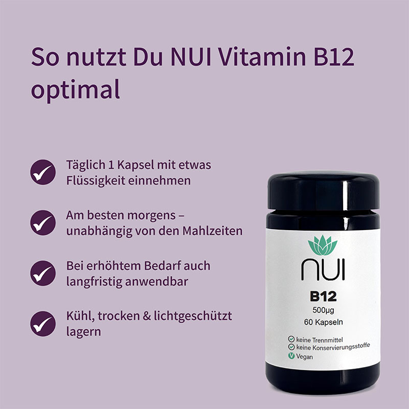 Infotafel zur Anwendung: vier Haken-Stichpunkte, daneben Vitamin B12 Kapselglas