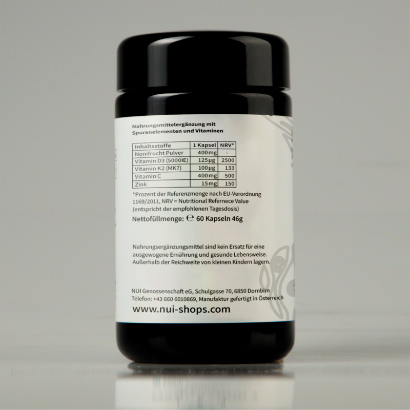 NUI NONI Immunbooster: Rückseite des Kapselglases mit Tabelle mit Inhaltsstoffen