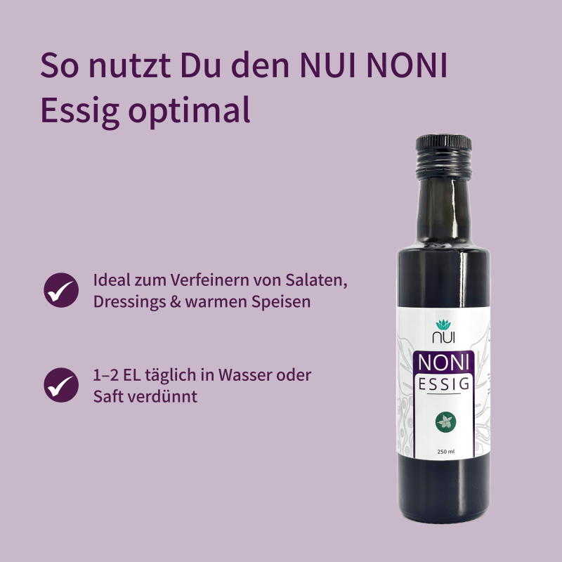 Infografik NUI NONI Essig: Flasche und zwei Haken-Stichpunkte zur Verwendung auf violettem Grund