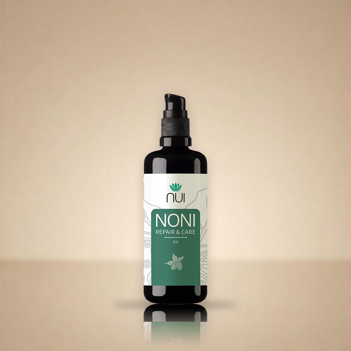 NUI NONI Repair & Care Gel: 100-ml-Flasche mit Pumpspender und grünem Etikett vor beigem Hintergrund