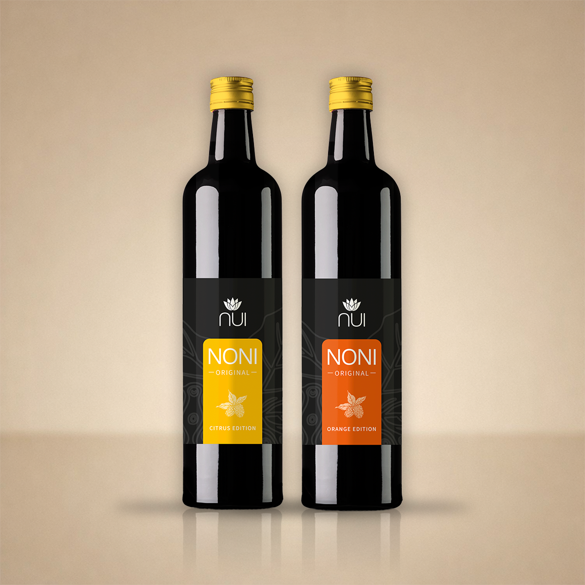 NUI NONI Citrus & Orange Duo: zwei Flaschen mit gelbem und orangefarbenem Etikett nebeneinander
