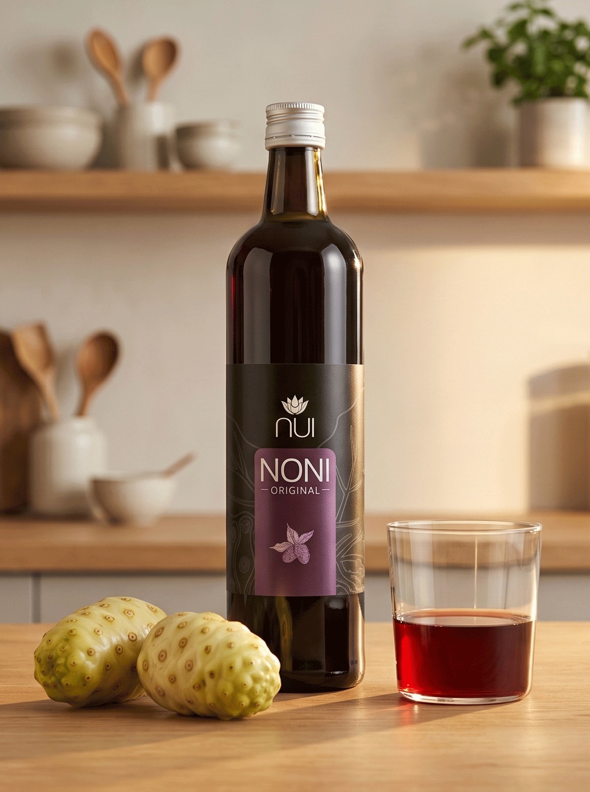 NUI NONI Original: Flasche und gefülltes Glas in einer Küche, davor zwei Noni-Früchte