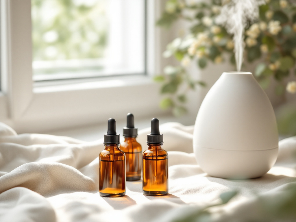 Drei Braunglasflaschen mit Tropfer neben einem weißen Aroma-Vernebler