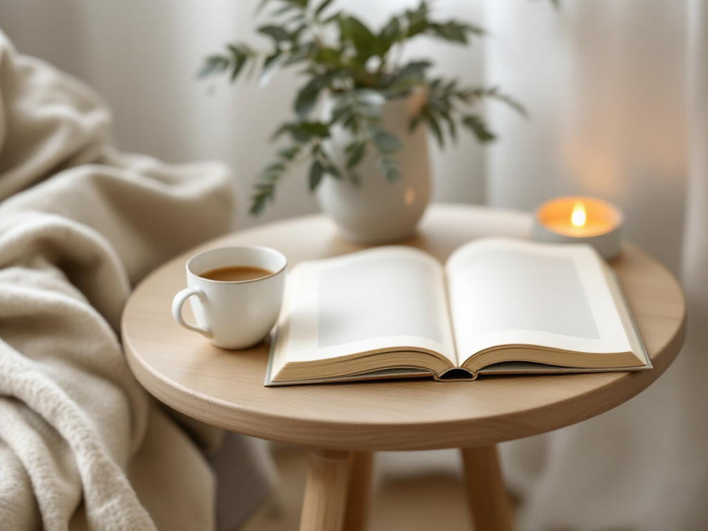 Tasse Kräutertee und ein offenes Buch auf einem Beistelltisch am Abend