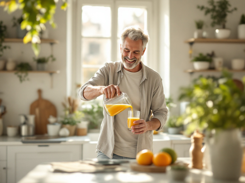 Mann gießt morgens in einer hellen Küche frischen Saft ins Glas