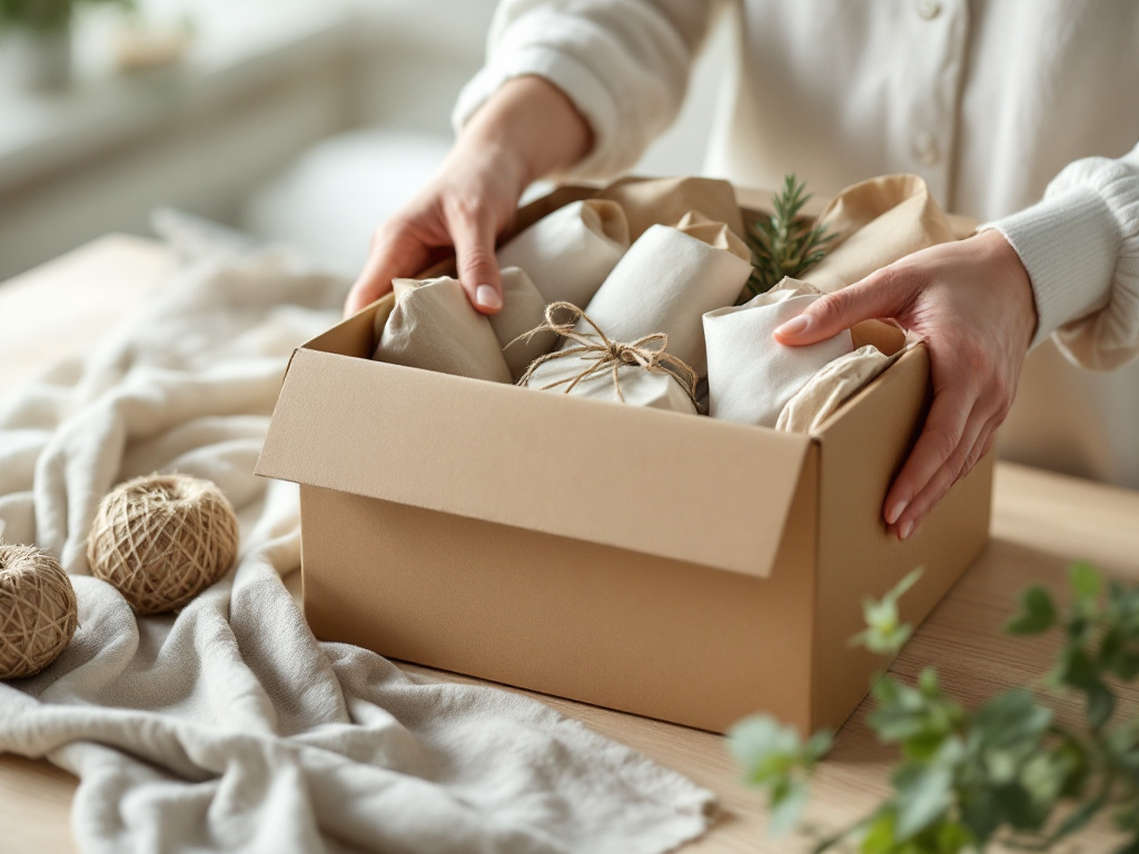 Hände packen in Papier gewickelte Artikel in einen Versandkarton