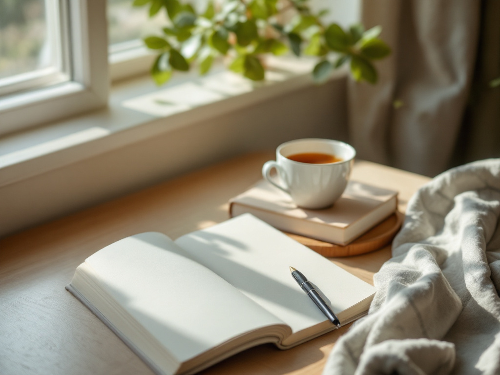 Offenes Notizbuch mit Stift und eine Tasse Tee am hellen Fenster
