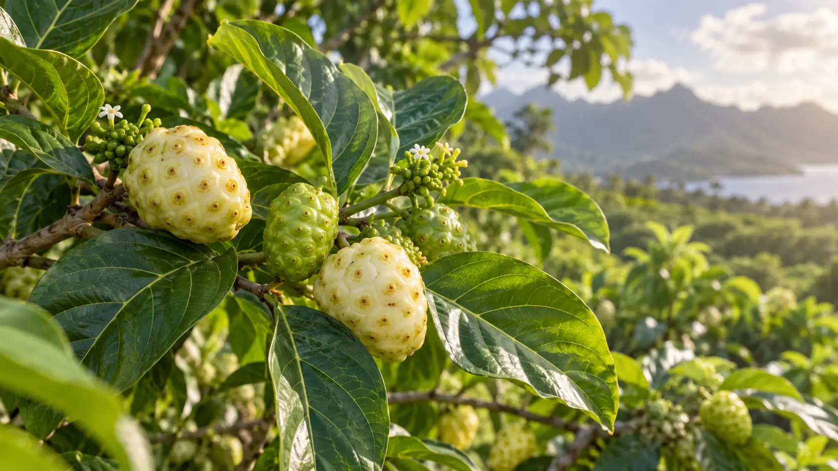 Noni-Früchte an der Pflanze vor einer Landschaft in Französisch-Polynesien