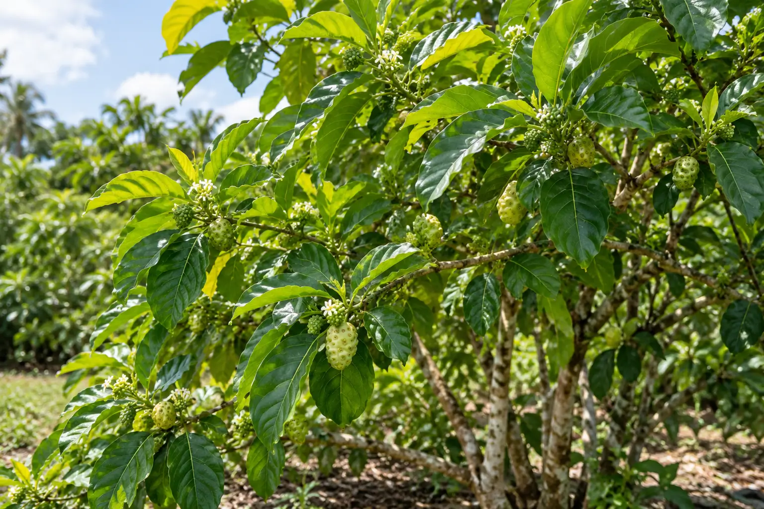 Noni-Pflanze mit Blättern und Früchten direkt am Strauch