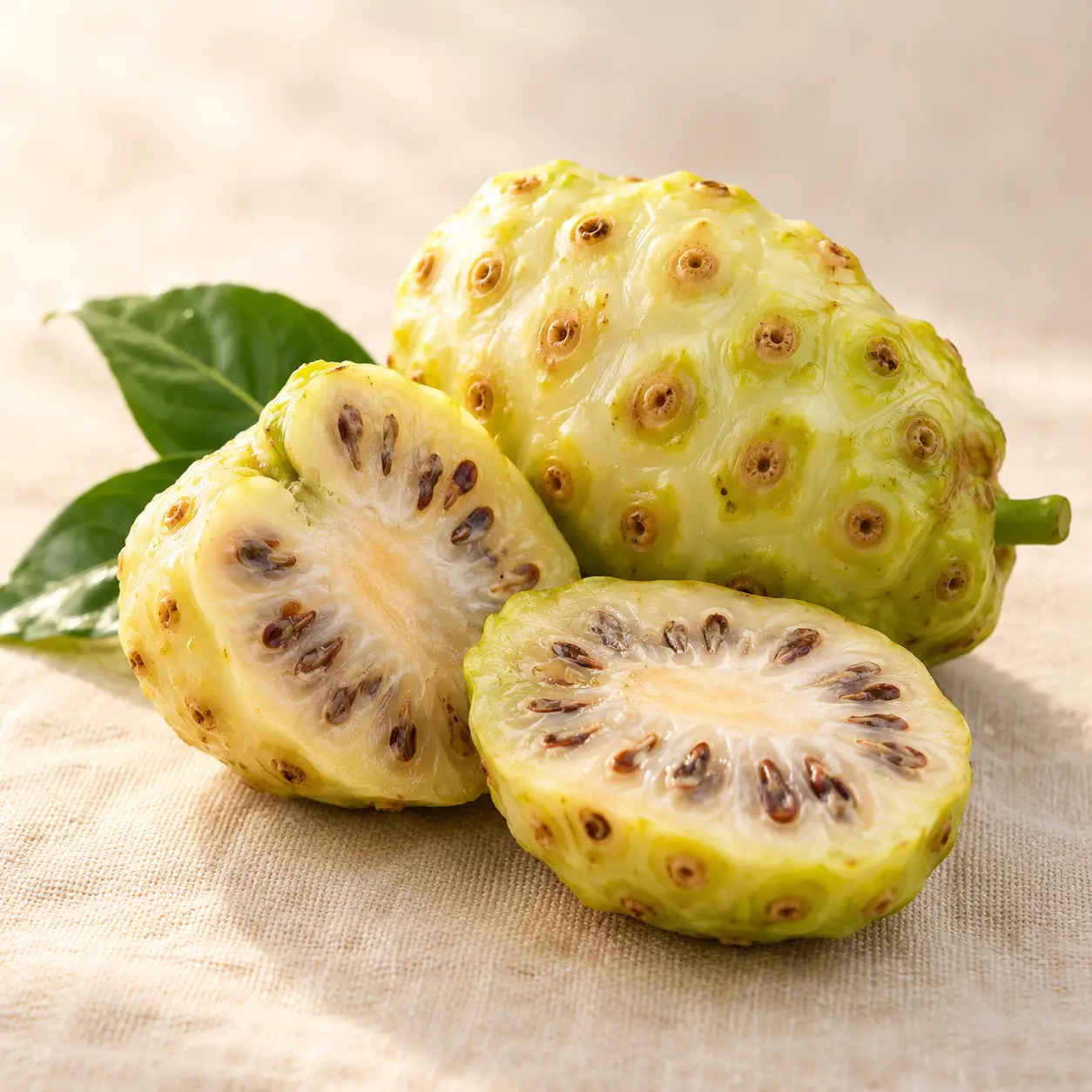 Noni-Frucht auf hellem Hintergrund