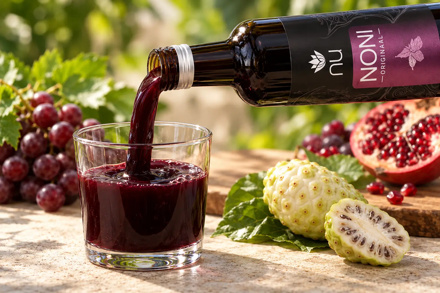 NUI NONI Original wird in ein Glas mit dunkelrot-violettem Saft gegossen, daneben Noni-Früchte