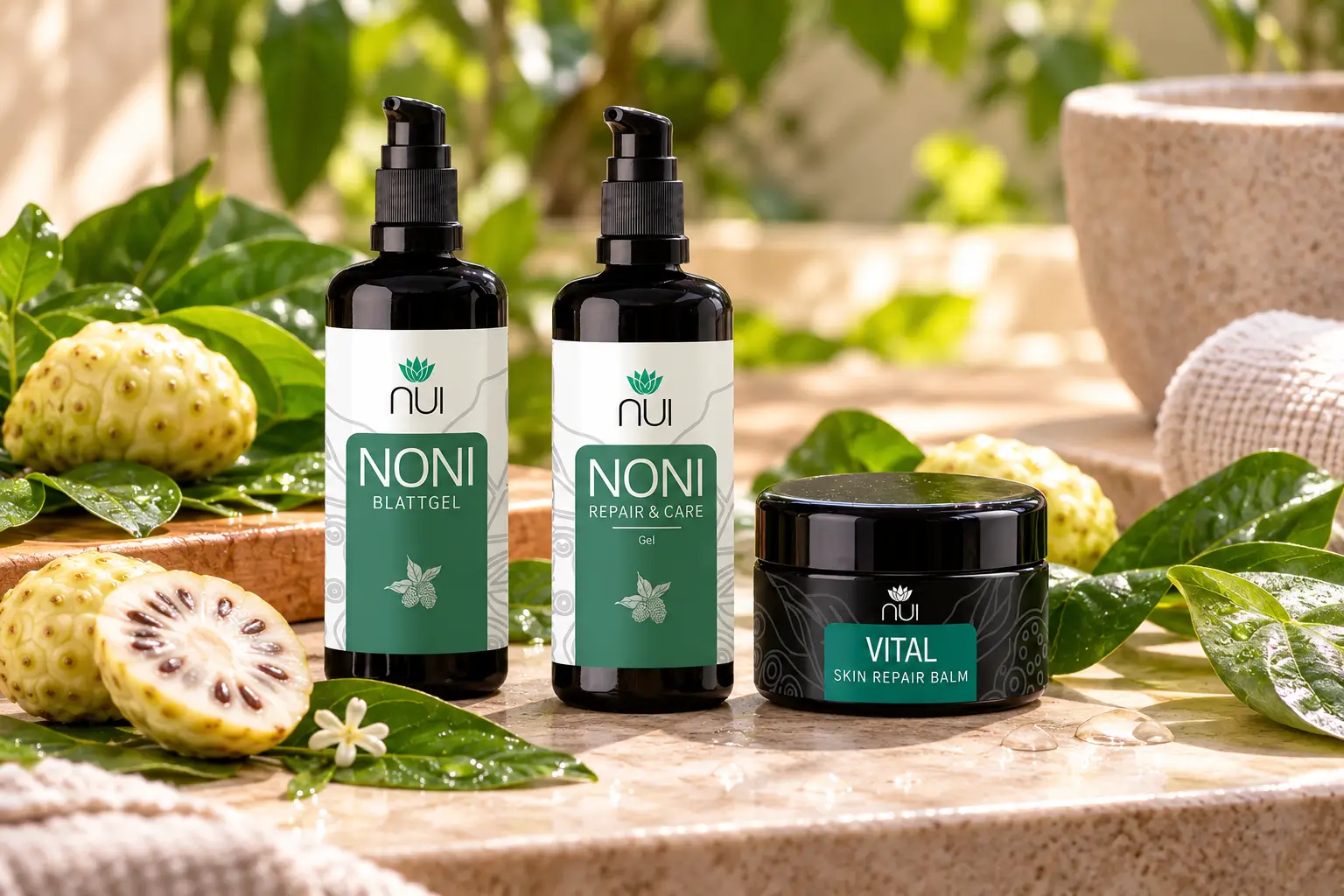 NUI NONI Blattgel, Repair & Care Gel und Vital Skin Repair Balm