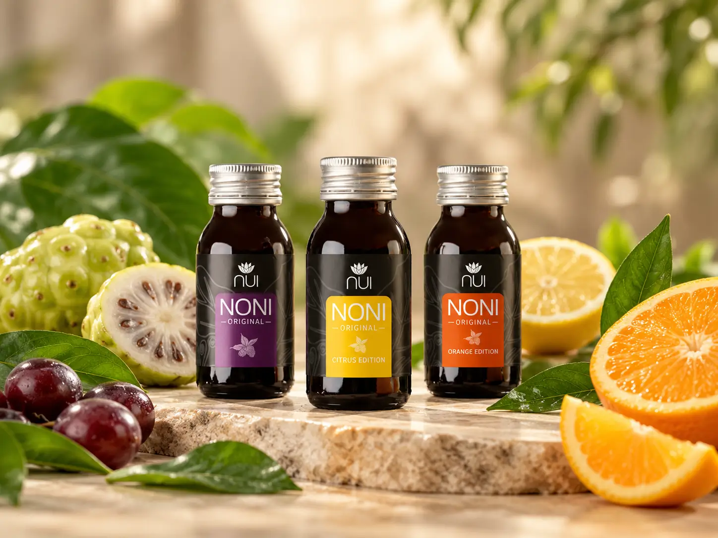 NUI NONI Original, Citrus und Orange Shots