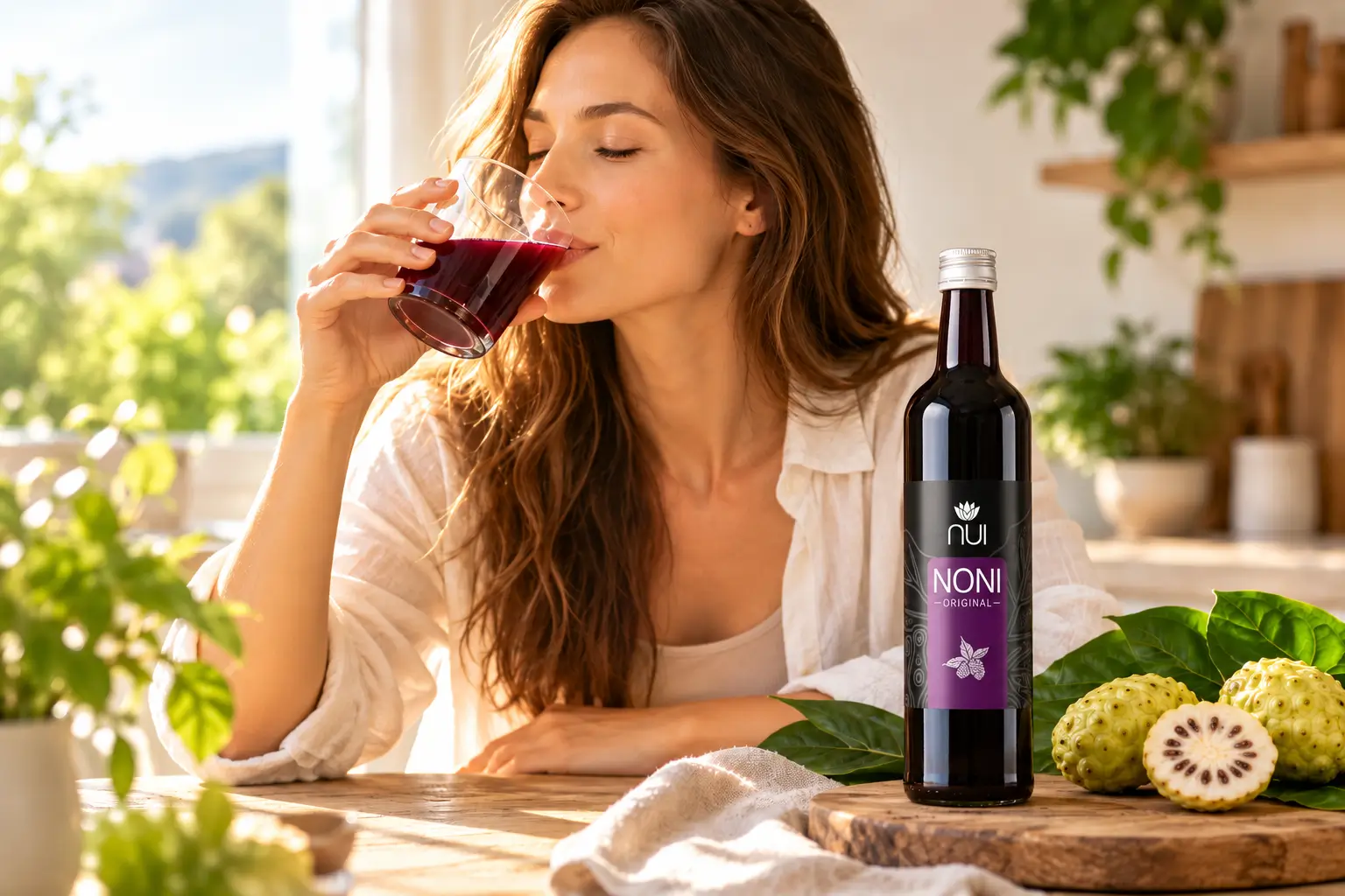 Frau trinkt morgens NUI NONI Original aus einem Glas, Originalflasche daneben
