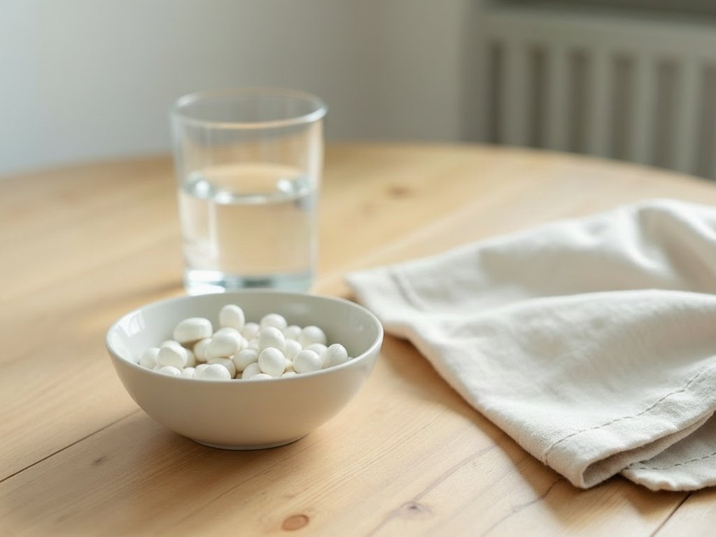 Keramikschale mit weißen Kapseln, daneben ein Glas Wasser und ein Leinentuch auf einem Holztisch