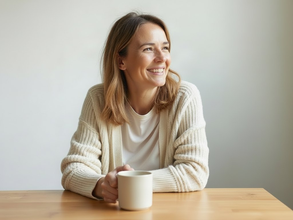 Frau Mitte vierzig sitzt lächelnd mit einer Tasse Tee am hellen Holztisch