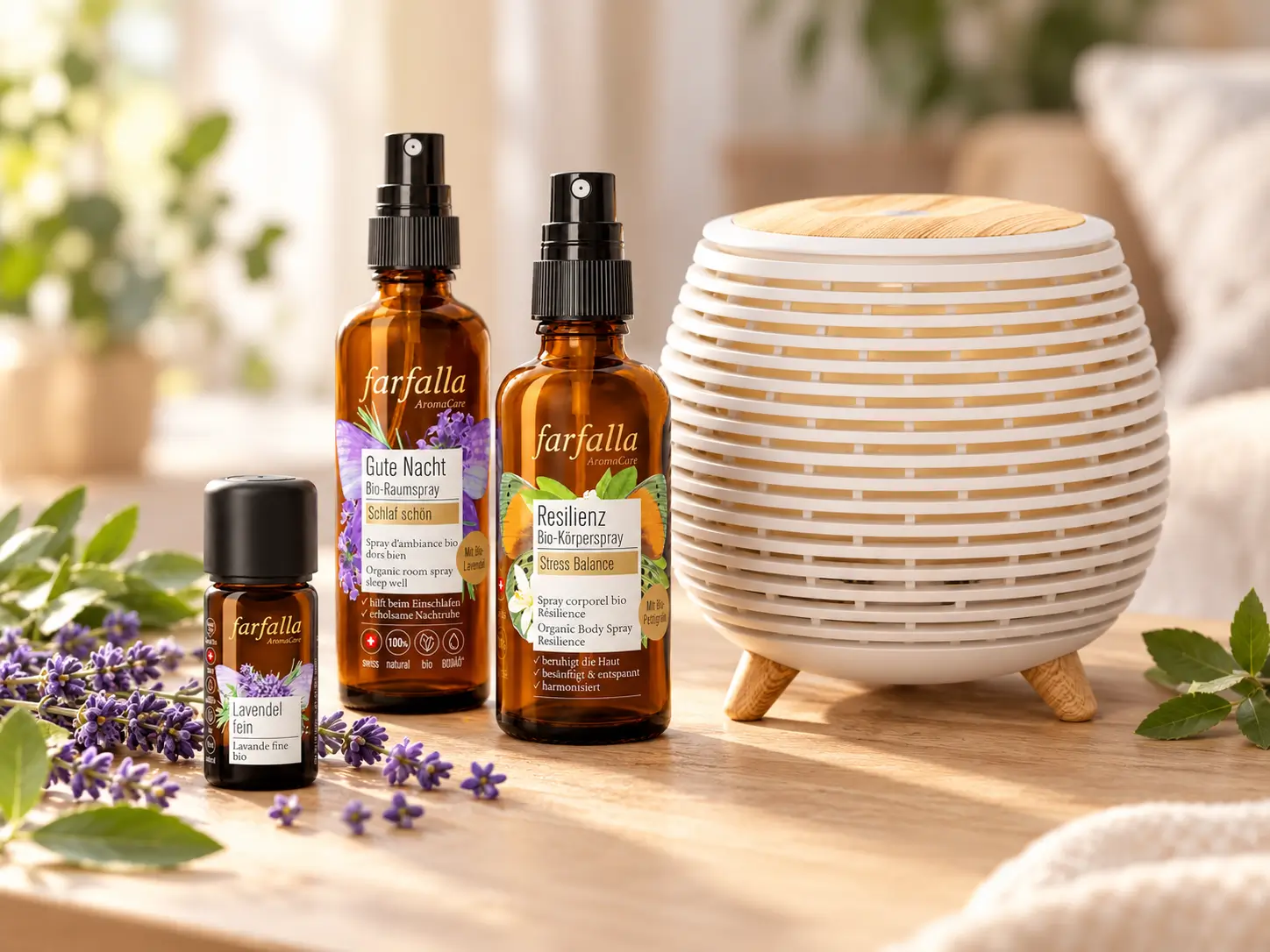 farfalla Produkte mit Diffuser auf einem hellen Holztisch